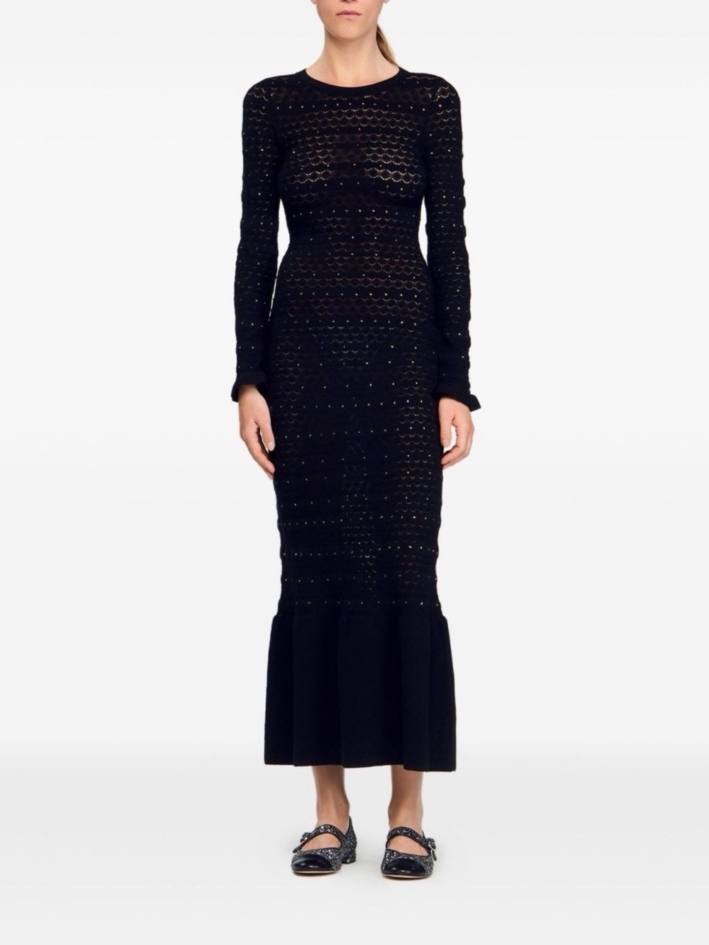 Sandro Black Long-Sleeve Knit Midi Dress